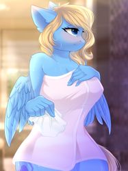 Size: 2048x2732 | Tagged: safe, artist:alphadesu, oc, oc only, oc:lusty symphony, pegasus, anthro, anthro oc, big breasts, blushing, breasts, cleavage, explicit source, female, high res, naked towel, solo, spa, thighs, thunder thighs, towel, wings