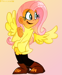 Size: 665x800 | Tagged: safe, artist:mirabuncupcakes15, fluttershy, human, g4, boots, clothes, cute, dark skin, female, gradient background, humanized, jeans, open mouth, pants, shoes, shyabetes, solo, sweater, sweatershy, winged humanization, wings