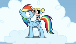 Size: 662x380 | Tagged: safe, rainbow dash, pegasus, pony, double rainboom, g4, bubbles (powerpuff girls), cartoon network, cloud, crossover, hasbro, looking at each other, on a cloud, shrunken pupils, sitting on person, sitting on pony, standing on a cloud, the powerpuff girls