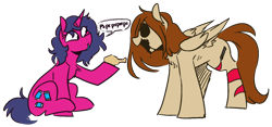 Size: 1518x708 | Tagged: safe, artist:redxbacon, artist:threetwotwo32232, oc, oc only, oc:fizzy pop, oc:red stroke, pegasus, pony, unicorn, chicken meat, female, food, fried chicken, mare, meat, simple background, transparent background, zalgo