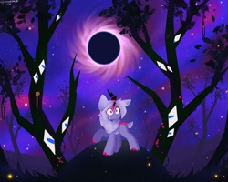 Size: 2048x1638 | Tagged: dead source, safe, artist:mysha, oc, oc only, kirin, crying, eclipse, eye, eyes, scared, solo, tree, wide eyes