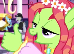 Size: 706x516 | Tagged: safe, artist:dwk, edit, edited screencap, screencap, carlotta, tree hugger, earth pony, pony, totally legit recap, g4, make new friends but keep discord, cropped, female, hand, smiling, solo focus, squint, suddenly hands, thumbs up, unnamed character, unnamed pony, wat