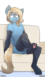 Size: 800x1365 | Tagged: safe, artist:difis, oc, oc only, oc:lusty symphony, pegasus, anthro, unguligrade anthro, clothes, commission, couch, evening gloves, female, gloves, long gloves, paw pads, paw socks, paws, socks, solo, stockings, thigh highs, toe beans, underpaw, ych result