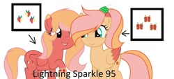 Size: 1280x584 | Tagged: safe, artist:lightningsparkle95, oc, oc:honey mac, oc:sun shy, pegasus, pony, cutie mark, duo, female, green eyes, offspring, orange coat, parent:big macintosh, parent:fluttershy, parents:fluttermac, red coat, siblings, simple background, sisters, two toned mane, two toned tail, two toned wings, wings