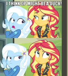 Size: 640x720 | Tagged: safe, edit, edited screencap, screencap, sunset shimmer, trixie, equestria girls, equestria girls specials, g4, my little pony equestria girls: better together, my little pony equestria girls: forgotten friendship, captain obvious, caption, comic, geode of empathy, image macro, magical geodes, meme, meta, no shit sherlock, op is a duck (reaction image), reaction image, screencap comic, smiling, smirk, text