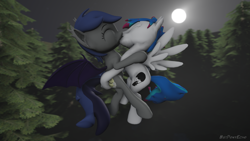 Size: 1280x720 | Tagged: safe, alternate version, artist:batponyecho, oc, oc only, oc:echo, oc:kami, bat pony, pegasus, pony, 3d, bat pony oc, bat wings, commission, cutie mark, eyes closed, female, flying, forest, kissing, male, mare, moon, night, oc x oc, shipping, source filmmaker, spread wings, straight, tail, tree, wings, ych result