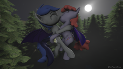 Size: 1280x720 | Tagged: safe, alternate version, artist:batponyecho, oc, oc only, oc:echo, oc:lukida, bat pony, pony, 3d, bat pony oc, bat wings, commission, cutie mark, eyes closed, female, flying, forest, kissing, lesbian, mare, moon, night, oc x oc, shipping, source filmmaker, spread wings, tail, tree, wings, ych result