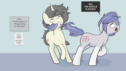 Size: 2800x1575 | Tagged: safe, artist:triplesevens, oc, oc only, oc:short fuse, oc:triple sevens, pony, unicorn, coat markings, dialogue, duo, horn, male, mouth hold, scared, socks (coat markings), speech bubble, stallion, tail, tail pull, trypanophobia, unicorn oc