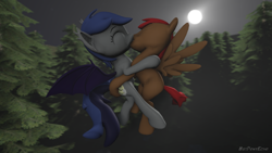 Size: 1280x720 | Tagged: safe, alternate version, artist:batponyecho, oc, oc only, oc:dusty, oc:echo, bat pony, pegasus, pony, 3d, bat pony oc, bat wings, commission, cutie mark, eyes closed, female, flying, forest, kissing, male, mare, moon, night, oc x oc, shipping, source filmmaker, spread wings, straight, tail, tree, wings, ych result