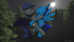 Size: 1280x720 | Tagged: safe, alternate version, artist:batponyecho, oc, oc only, oc:blue stream, oc:echo, bat pony, pegasus, pony, 3d, bat pony oc, bat wings, commission, cutie mark, eyes closed, female, flying, forest, kissing, male, mare, moon, night, oc x oc, shipping, source filmmaker, spread wings, straight, tail, tree, wings, ych result