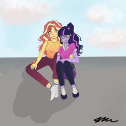 Size: 1080x1080 | Tagged: safe, artist:rapunzelights, sci-twi, sunset shimmer, twilight sparkle, equestria girls, g4, clothes, cloud, female, glasses, lesbian, missing shoes, outdoors, ship:sci-twishimmer, ship:sunsetsparkle, shipping, shoes, signature, socks