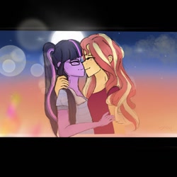 Size: 1080x1080 | Tagged: safe, artist:rapunzelights, sci-twi, sunset shimmer, twilight sparkle, equestria girls, g4, clothes, eyes closed, female, glasses, hug, lesbian, ship:sci-twishimmer, ship:sunsetsparkle, shipping, signature, smiling