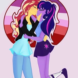 Size: 1080x1080 | Tagged: safe, artist:rapunzelights, sci-twi, sunset shimmer, twilight sparkle, equestria girls, g4, clothes, cutie mark, cutie mark on clothes, duo, female, glasses, kiss on the lips, kissing, lesbian, lesbian pride flag, pride, pride flag, ship:sci-twishimmer, ship:sunsetsparkle, shipping, shoes, skirt, socks