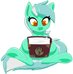 Size: 1048x1053 | Tagged: safe, artist:ikarooz, lyra heartstrings, pony, unicorn, g4, atg 2020, book, chest fluff, colored pupils, female, gravity falls, hand, journal #3, male, mare, newbie artist training grounds, simple background, sitting, solo, that pony sure does love hands, transparent background, xk-class end-of-the-world scenario