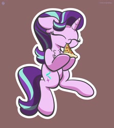 Size: 1920x2153 | Tagged: dead source, safe, artist:php142, starlight glimmer, pony, unicorn, g4, brown background, cheese pizza, chest fluff, cute, cutie mark, eating, eyes closed, female, floppy ears, food, glimmerbetes, mare pepperoni, meat, moral event horizon, pepperoni, pepperoni pizza, pineapple, pineapple pizza, pizza, simple background, solo, that pony sure does love pineapple pizza