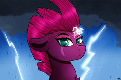 Size: 1986x1312 | Tagged: safe, artist:monsoonvisionz, fizzlepop berrytwist, tempest shadow, pony, unicorn, g4, my little pony: the movie, bust, chest fluff, cloud, cute, ear fluff, electricity magic, female, glowing horn, horn, lightning, mare, portrait, rain, solo, storm