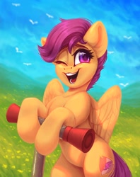 Size: 1624x2048 | Tagged: safe, artist:amishy, scootaloo, bird, pegasus, pony, g4, belly, bipedal, cute, cutealoo, female, filly, hind legs, one eye closed, open mouth, redraw, scooter, solo
