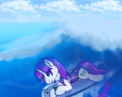 Size: 4096x3268 | Tagged: safe, artist:legionsunite, oc, oc only, oc:magenta pulse, pony, unicorn, beach, clothes, female, mare, one-piece swimsuit, solo, surfboard, surfing, swimsuit, water, wave