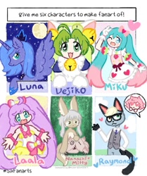 Size: 1024x1222 | Tagged: safe, artist:flustershy, princess luna, alicorn, human, pony, anthro, g4, :d, animal crossing, anthro with ponies, bell, cat bell, catgirl, clothes, crossover, dejiko, di gi charat, full moon, glasses, hatsune miku, heart, heart eyes, hoof shoes, laala manaka, made in abyss, moon, nanachi, necktie, night, one eye closed, open mouth, peace sign, peytral, pripara, raymond, s1 luna, six fanarts, skirt, smiling, stars, villager, vocaloid, wingding eyes, wink