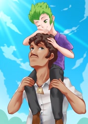 Size: 1280x1802 | Tagged: safe, artist:thebrokencog, scorpan, spike, human, g4, cheek rub, commission, cute, dark skin, facial hair, father and child, father and son, father's day, humanized, male, moustache, piggyback ride, scorpan is spike's daddy, scorpan's necklace, spikabetes, spike's father, surrogate father