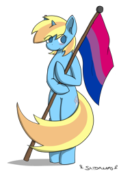 Size: 642x924 | Tagged: safe, artist:skydreams, oc, oc only, oc:skydreams, pony, unicorn, bisexual pride flag, blushing, female, flag, mare, pride, pride flag, pride month, simple background, solo, standing, transparent background