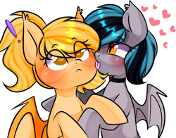 Size: 1087x852 | Tagged: safe, artist:thieftea, oc, oc only, bat pony, bat pony oc, bat wings, couple, cute, femboy, gay, licking, love, male, shipping, surprised, tongue out, wings