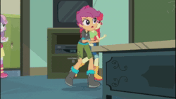 Size: 1280x720 | Tagged: safe, screencap, apple bloom, cranky doodle donkey, scootaloo, sweetie belle, equestria girls, g4, happily ever after party, happily ever after party: rainbow dash, my little pony equestria girls: better together, animated, belt, boots, clothes, cropped, cutie mark crusaders, desk, door, frown, hoodie, jacket, jeans, no sound, pants, pointing, shirt, shoes, shorts, skirt, webm, worried