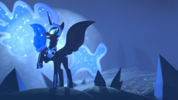 Size: 1920x1080 | Tagged: safe, artist:spinostud, nightmare moon, alicorn, pony, g4, 3d, armor, crystal, ethereal mane, ethereal tail, fangs, female, glowing mane, jewelry, moon, night, regalia, slit pupils, solo, source filmmaker, spread wings, tall alicorn, wings