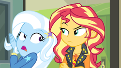 Size: 1800x1013 | Tagged: safe, screencap, sunset shimmer, trixie, equestria girls, equestria girls specials, g4, my little pony equestria girls: better together, my little pony equestria girls: forgotten friendship, crossed arms, female, geode of empathy, magical geodes