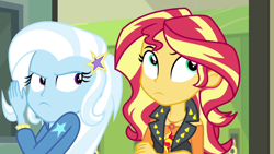 Size: 1920x1080 | Tagged: safe, screencap, sunset shimmer, trixie, equestria girls, equestria girls specials, g4, my little pony equestria girls: better together, my little pony equestria girls: forgotten friendship, crossed arms, female, geode of empathy, magical geodes