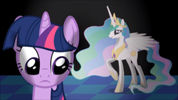 Size: 1360x765 | Tagged: safe, screencap, princess celestia, twilight sparkle, alicorn, pony, unicorn, journey of the spark, g4, black background, checkered floor, crown, ethereal mane, ethereal tail, horn, jewelry, looking down, raised hoof, regalia, shadow, simple background, smiling, spread wings, unicorn twilight, wings