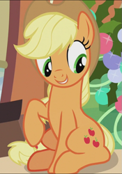 Size: 505x722 | Tagged: safe, screencap, applejack, earth pony, pony, g4, hearthbreakers, cropped, cute, female, jackabetes, sitting, smiling, solo