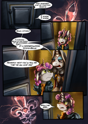 Size: 1060x1500 | Tagged: safe, artist:jamescorck, rarity, sweetie belle, pony, unicorn, g4, adepta sororitas, armor, clothes, comic, crossover, dialogue, door, doorway, female, filly, mare, power armor, scar, story included, uniform, warhammer (game), warhammer 40k
