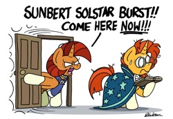 Size: 1024x706 | Tagged: safe, artist:bobthedalek, stellar flare, sunburst, pony, unicorn, angry, atg 2020, blaze (coat marking), book, coat markings, door, duo, facial markings, female, full name, full name trouble, male, mother and child, mother and son, mothers gonna mother, newbie artist training grounds, oh crap, oh shit, simple background, socks (coat markings), stellar flare is not amused, sweat, sweatdrop, this will end in grounding, this will end in tears, this will not end well, uh oh, white background