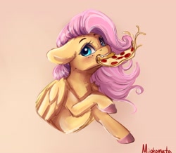 Size: 3208x2799 | Tagged: safe, artist:miokomata, fluttershy, pegasus, pony, g4, blushing, cheese pizza, colored hooves, female, floppy ears, food, freckles, freckleshy, high res, mare, meat, mouth hold, pepperoni, pepperoni pizza, pizza, ponies eating meat, signature, simple background, solo