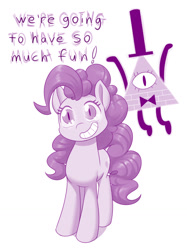 Size: 958x1280 | Tagged: safe, artist:dstears, pinkie pie, earth pony, pony, g4, bill cipher, bill cipher's eyes, crossover, dialogue, digital art, female, gravity falls, grin, male, mare, simple background, smiling, xk-class end-of-the-world scenario