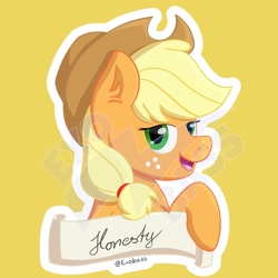 Size: 2000x2000 | Tagged: safe, artist:exobass, applejack, earth pony, pony, g4, bust, cute, element of honesty, female, hat, high res, honesty, jackabetes, looking at you, obtrusive watermark, old banner, outline, simple background, solo, watermark, white outline, yellow background