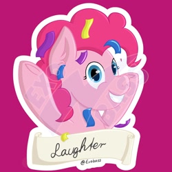 Size: 2000x2000 | Tagged: safe, artist:exobass, pinkie pie, earth pony, pony, g4, confetti, cute, diapinkes, element of laughter, female, high res, laughing, outline, pink background, pinkamena diane pie, simple background, smiling, solo, sticker, white outline