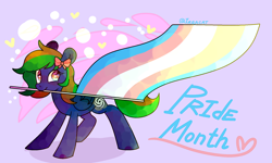 Size: 2000x1200 | Tagged: safe, artist:1racat, oc, oc only, oc:twisted cyclone, pegasus, pony, bow, brown eyes, cutie mark, female, flag, hair bow, mare, multicolored hair, pride, pride flag, pride month, solo, transgender, transgender pride flag, wings