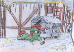 Size: 2000x1417 | Tagged: safe, artist:vovi, oc, oc only, oc:void virgin sparkles, pony, unicorn, bin, colt, crying, depressed, dock, foal, homeless, icicle, male, ponyville, sad, snow, solo, traditional art, unhappy, urine, winter, yellow snow