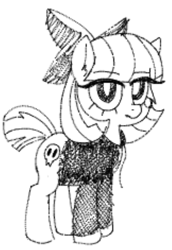 Size: 580x844 | Tagged: safe, artist:wafflecakes, earth pony, pony, bow, female, fishnet stockings, hair bow, lidded eyes, looking at you, monochrome, simple background, sketch, solo, unamused, white background