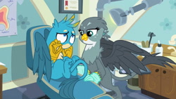 Size: 1280x720 | Tagged: safe, edit, edited screencap, screencap, gabby, gallus, griffon, g4, the fault in our cutie marks, beak, beakless, cartoon physics, dentist, dentist chair, duo, female, got your nose, gritted teeth, i have no mouth and i must scream, male, modular, nervous, no mouth, paw pads, paws, ponytail, story included, underpaw