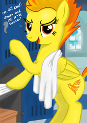 Size: 1240x1754 | Tagged: safe, artist:eels, spitfire, pegasus, pony, g4, female, inviting, locker room, looking at you, mare, solo, towel