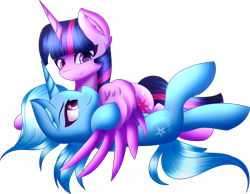 Size: 1944x1506 | Tagged: safe, artist:pikalps, trixie, twilight sparkle, alicorn, pony, unicorn, g4, female, lesbian, mare, on back, ship:twixie, shipping, simple background, transparent background, twilight sparkle (alicorn)