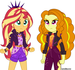 Size: 4789x4500 | Tagged: safe, artist:limedazzle, adagio dazzle, sunset shimmer, equestria girls, equestria girls series, g4, sunset's backstage pass!, spoiler:eqg series (season 2), bracelet, clothes, clothes swap, duo, geode of empathy, inkscape, jacket, jewelry, magical geodes, pants, shorts, show accurate, simple background, spiked headband, spiked wristband, spikes, transparent background, vector, wristband