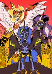 Size: 620x877 | Tagged: safe, artist:jakrat-rosemberd, idw, daybreaker, nightmare moon, nightmare rarity, alicorn, pony, unicorn, g4, evil grin, female, fire, grin, mare, smiling, trio, trio female