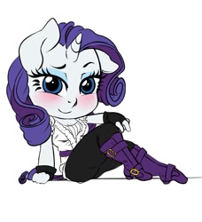 Size: 1071x1175 | Tagged: safe, artist:pia-sama, rarity, unicorn, anthro, g4, blushing, boots, breasts, busty rarity, chibi, clothes, fingerless gloves, gloves, looking at you, shoes, simple background, socks, solo, stockings, thigh highs, white background