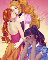 Size: 1997x2500 | Tagged: safe, artist:stummm, adagio dazzle, sci-twi, sunset shimmer, twilight sparkle, equestria girls, g4, alternate hairstyle, bare shoulders, blushing, butt touch, female, gem, hand on butt, human coloration, lesbian, looking at each other, ship:sunsagio, shipper on deck, shipping, siren gem, sleeveless, smiling, twilight the shipper