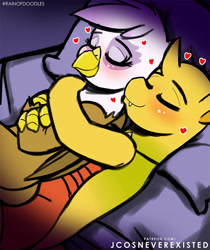 Size: 862x1024 | Tagged: safe, artist:jcosneverexisted, gilda, oc, oc:ren the changeling, changeling, griffon, g4, bed, canon x oc, cuddling, eyes closed, female, gilren, heart, hug, lying down, male, on side, shipping, spooning, yellow changeling