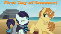 Size: 2063x1161 | Tagged: safe, coloratura, feather bangs, g4, beach, colorabangs, female, lyrics in the description, male, ocean, one eye closed, sheryl crow, shipping, smiling, soak up the sun, song reference, straight, summer, vacation, wink, youtube link